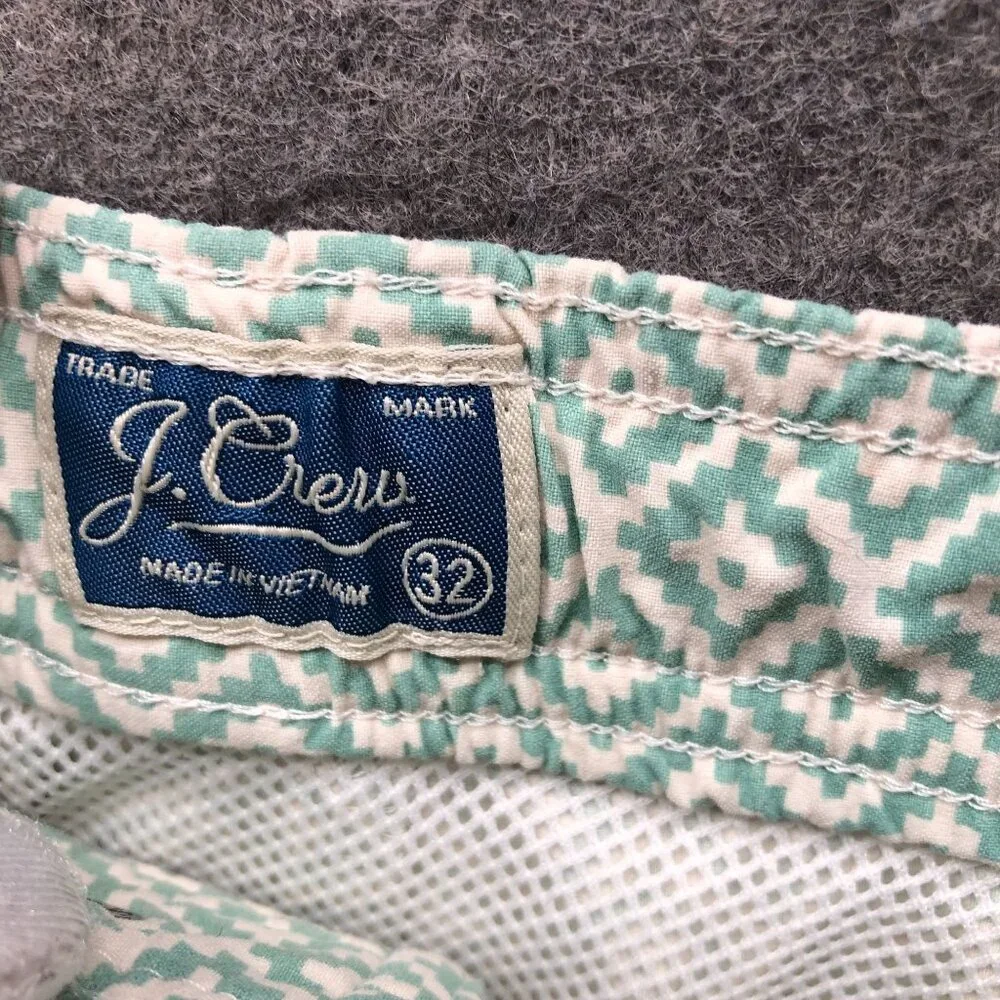 J. Crew Swim Trunks‎ Shorts Mens 32 Sage Green Printed Mesh Lined 7'' Zip Pocket